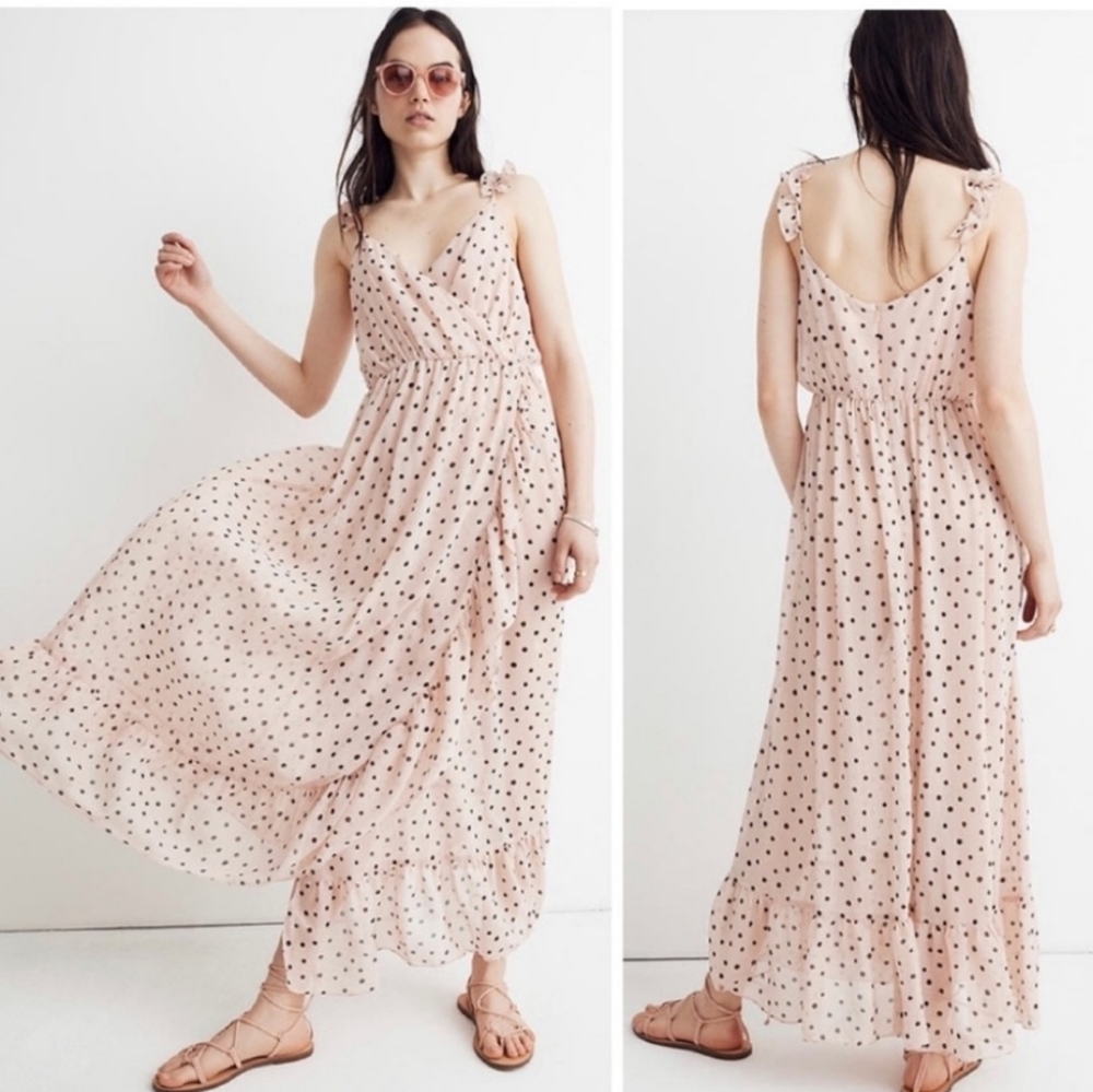 Madewell ruffle strap wrap dress in pink, size 6